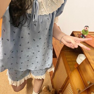 ins風(fēng)日系甜美學(xué)生居家服套裝 短袖 外穿 新款 花邊蝴蝶結(jié)睡衣女夏季