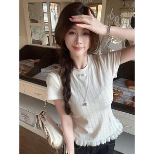 甜美愛心提花設計感修身 新款 上衣 T恤女2025夏季 減齡蕾絲花邊短袖