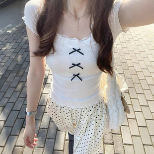 甜美風小個子蝴蝶結甜美清新修 新款 覓橘膚蕾絲花邊短袖 t恤女夏季
