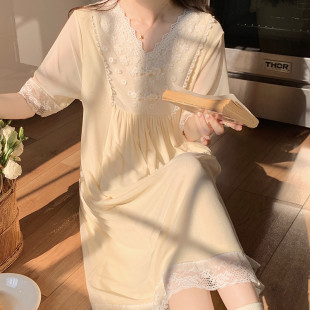 中袖 睡衣女網紗睡裙薄款 甜美性感蕾絲公主裙家居服2025年 夏季 新品