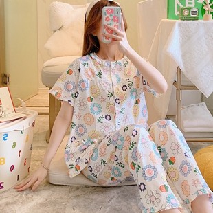 媽媽套裝 新品 春夏棉布薄款 長褲 中老年家居服可 純棉睡衣女春秋短袖
