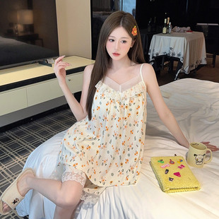 ins甜美碎花大碼 新品 純棉韓版 吊帶薄款 家居服 帶胸墊睡衣女士夏季