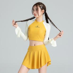 高腰遮肚顯瘦平角溫泉游泳裝 2023跨境運動分體裙式 泳衣女保守長袖