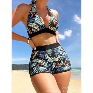歐美新款 分體bikini泳衣女 印花性感高腰比基尼跨境獨立站平角褲