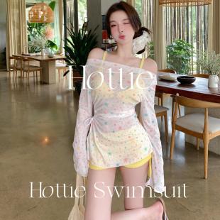 Hottie夏日少女感比基尼三件套平角褲 沙灘溫泉度假泳衣女 帶罩衫