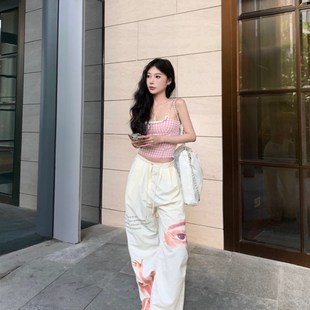 短款 修身 粉色格子吊帶小背心女夏季 無袖 內搭外穿甜辣上衣 新款 美式
