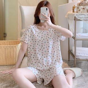 棉綢家居服韓版 夏天女士睡衣女夏款 薄款 綿綢可愛套E頭套裝 大 短袖