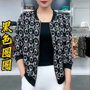 長袖 開衫 外套2022春季 新款 寬松百搭棒球服 媽媽裝 大碼 雪紡印花時尚