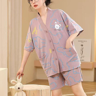 家居服v領卡通兔子可外穿套裝 新款 短褲 短袖 網紅小個子睡衣女夏款