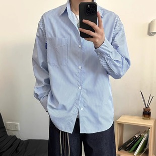 少年感休閑上衣美式 中性翻領條紋情侶長袖 襯衣 男女襯衫 春秋新款
