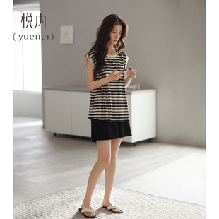 夏季 條紋套裝 純棉無袖 家居服夏款 背心短褲 悅內帶胸墊一體睡衣女款