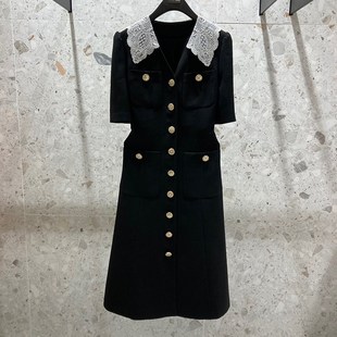 蕾絲花邊領夏季 a字裙v領單排扣通勤短袖 連衣裙 韓l版 2024春夏新款