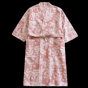 日式 和服睡袍女純棉浮雕提花寬松浴袍全棉色織紗布中長睡衣汗蒸服