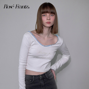 T恤蕾絲花邊修身 露臍大V領(lǐng)口長袖 甜美上衣女 Frantz2025新款 Rose
