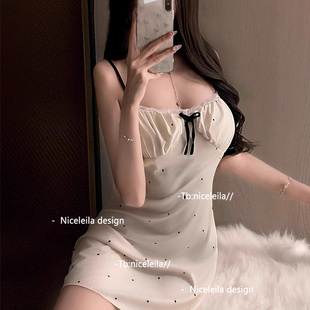 Niceleila小清新 性感睡衣甜美少女蕾絲花邊舒適莫代爾吊帶睡裙