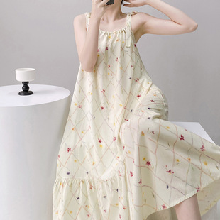 吊帶睡衣女夏季 棉綢碎花吊帶睡裙家居服寬松學生可外穿沙灘 薄款