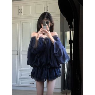 純欲風氣質百搭花瓣層次露肩抽繩雪紡衫 上衣女 女一字肩網紗長袖