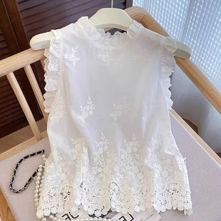 無袖 立領(lǐng)2025夏季 背心坎肩通勤上衣顯瘦 重工蕾絲鉤花雪紡小衫 法式