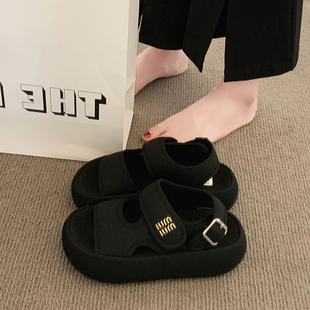 超火配裙子百搭軟底不累腳羅馬鞋 外穿2025新款 女夏季 厚底黑色涼鞋