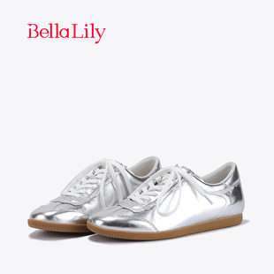 休閑阿甘鞋 女輕便牛皮平底鞋 金屬銀色板鞋 BellaLily初春新款