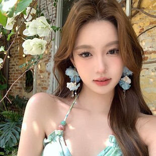 絕美夸張海邊度假風(fēng)耳飾 夏日藍色花朵流蘇耳環(huán)2025新款 蜜桃茶