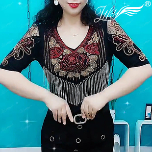 女寬松彈力燙鉆流蘇小衫 2025新款 氣質(zhì)高端V領(lǐng)打底衫 亮鉆T恤衫 時(shí)尚