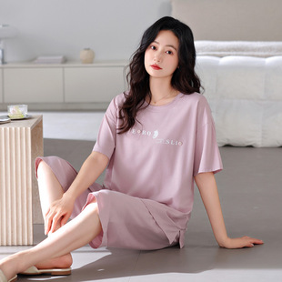 家居服大碼 帶胸墊睡衣女款 七分褲 短袖 可外穿莫代爾睡衣女夏 夏薄款