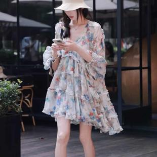 專柜撤回法式 寬松顯瘦絕美減齡茶歇裙小個(gè)子設(shè)計(jì)感碎花連衣裙女