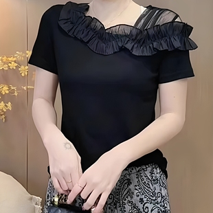 女士媽媽裝 2025夏季 短袖 百搭T恤薄紗拼接款 不規(guī)則領洋氣露肩時尚