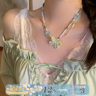 海邊度假春夏藍綠串珠小眾蝴蝶項鏈 薄荷藍蝶 Princess Cat