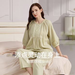 七分袖 套裝 長褲 女款 家居服夏季 秋鹿純色梭織棉提花睡衣女2025新款