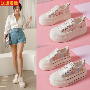 亮皮輕便休閑女鞋 新款 女2025夏季 網紅厚底增高甜美百搭帆布小白鞋