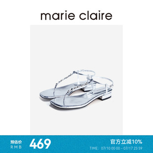 軟糯腳感marieclaire女鞋 MC女鞋 流光銀金屬牛皮水鉆T帶涼鞋