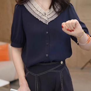 通勤簡約百搭洋氣短袖 2025夏季 法式 撞色花邊設計感襯衫 防曬衣 新款