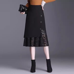 黑色魚尾半身裙女2025年新款 蕾絲裙a字高腰垂感中長包臀裙子 夏季