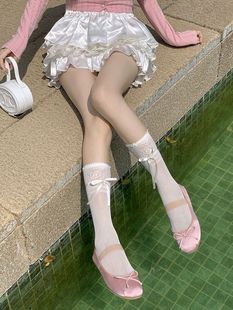 芭蕾風(fēng)蕾絲蝴蝶結(jié)中筒襪子女夏季 花邊jk綁帶小腿日系堆堆網(wǎng)襪 薄款