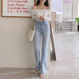 彈力顯瘦顯高馬蹄chic喇叭褲 淺藍色高腰微喇牛仔褲 女春秋2023新款
