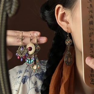山沐手作「彩韻迷離」異域風復古彩色水滴耳環度假風流蘇耳釘耳飾