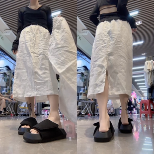 常規梨形高腰顯瘦麻裙子 秋季 白色休閑半身A字裙中長款 開叉裙新款