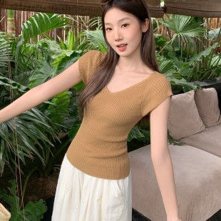 顯瘦短款 2025夏季 t恤女修身 韓系純欲甜辣v領(lǐng)正肩針織短袖 上衣 新款