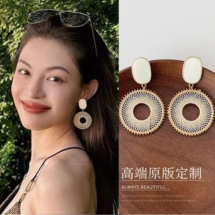 鐘楚曦同款 米白色編織耳環高級感氣質度假風波西米亞耳飾女夏 法式