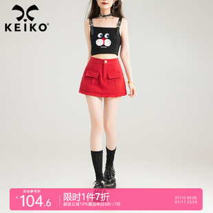 甜辣少女風今年流行 KEIKO 裙夏季 口袋紅色牛仔短裙褲 半身裙 工裝