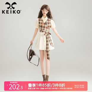 裙夏季 襯衫 可露麗穿搭格紋拼接連衣裙 漂亮系帶掐腰假兩件式 KEIKO
