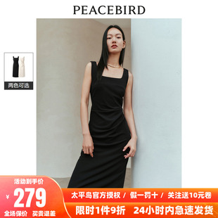 裙子 收腰抽皺顯瘦中長款 太平鳥方領無袖 氣質吊帶連衣裙夏新款