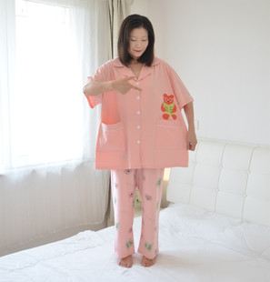 短袖 款 長褲 睡衣女夏季 卡通家居服 260斤加肥大碼 純棉胖MM開衫 襯衫