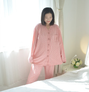 女式 長(zhǎng)褲 V領(lǐng)開(kāi)衫 長(zhǎng)袖 胖MM睡衣休閑家居服200斤 全棉加肥加大碼 春季