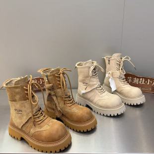 哆 靴軍綠短靴平底女鞋 春秋新款 拼接翻領系帶瘦瘦靴馬丁靴辣妹工裝