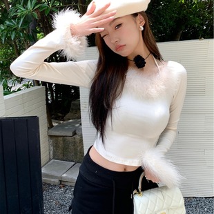 短款 2025初秋新款 T恤女洋氣露鎖骨修身 甜辣風(fēng)毛絨長(zhǎng)袖 上衣 韓版