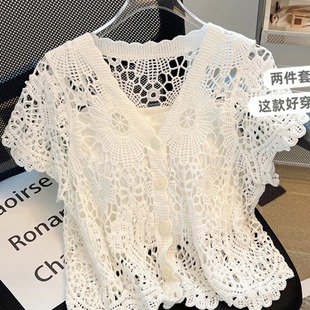 撤回外貿(mào)夏季 短款 薄款 女網(wǎng)紗鏤空針織開衫 上衣潮 蕾絲衫 清倉撿漏