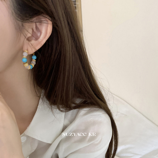 高級感復古耳飾女 爆款 suzyacc kr度假風藍色水晶串珠耳環(huán)2025新款